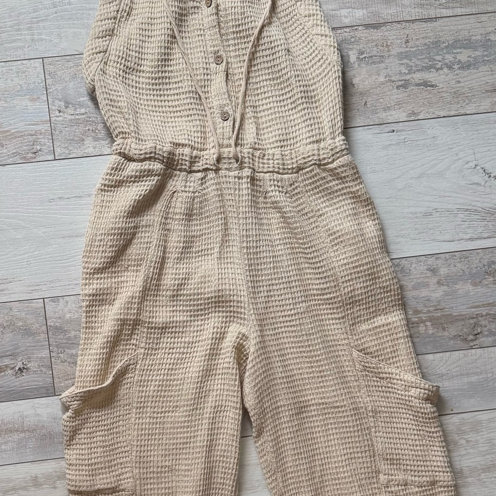 Free People Cream Waffle Knit Jumpsuit